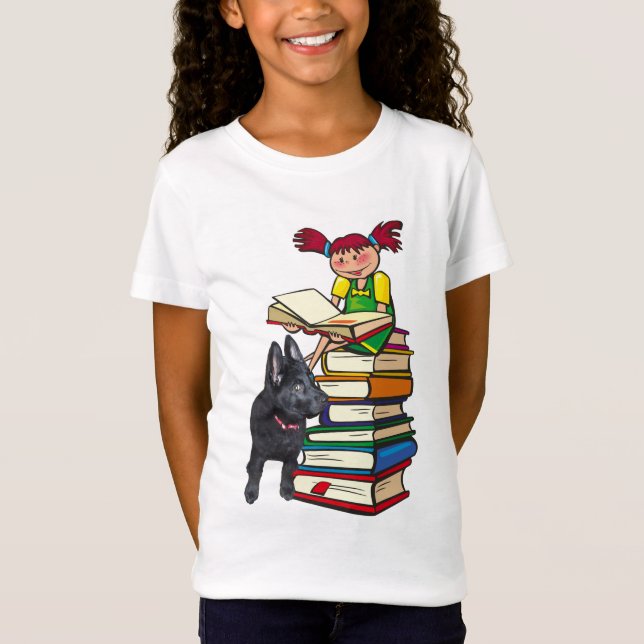 Study Buddy GSD Puppy & School Girl on Books T-Shirt (Front)