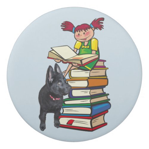 Study Buddy GSD Puppy with School Girl on Books Eraser