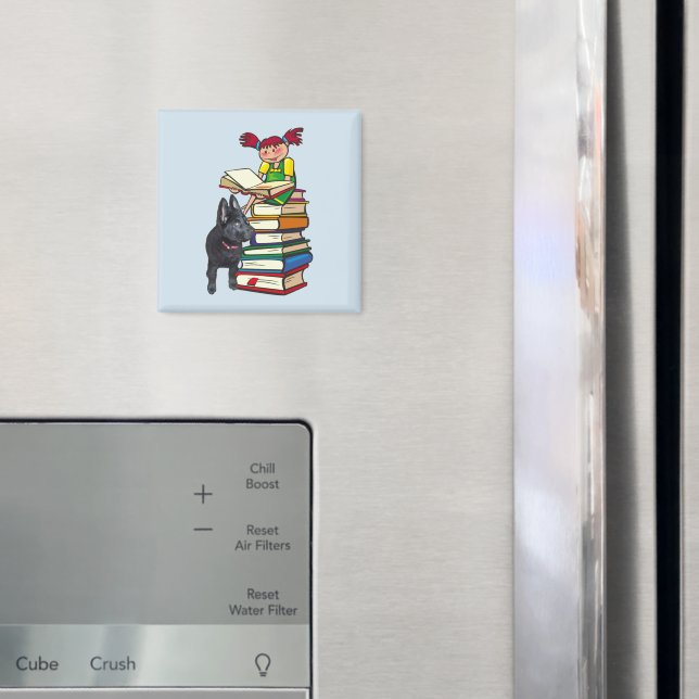 Study Buddy Puppy with School Girl on Books, ZKOA Magnet (In Situ (Fridge))