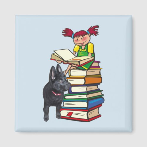 Study Buddy Puppy with School Girl on Books ZKOA Magnet