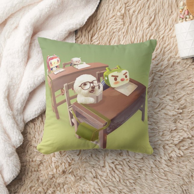 Study Hard: Smiling Bichon & Iron T School Throw Pillow (Blanket)