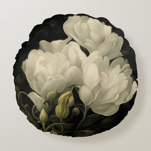 Study of a Peony Flower in White Round Pillow (Front)