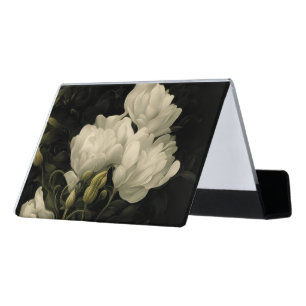 Study of white Peony Flowers Desk Business Card Holder