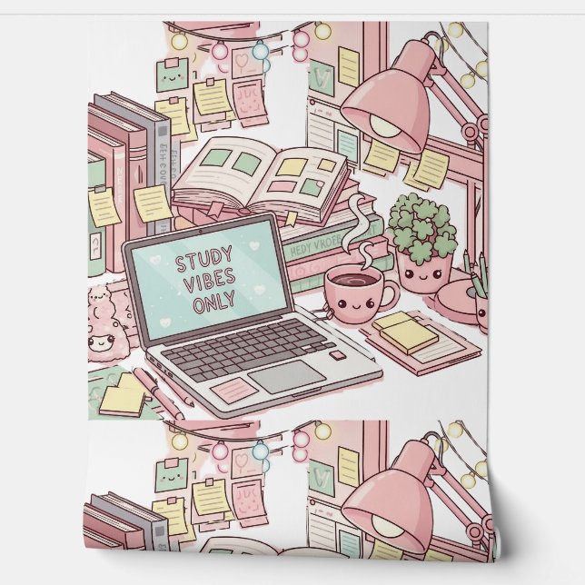 Study Vibes Only" Cozy Desk Aesthetic Wallpaper (Unrolling)