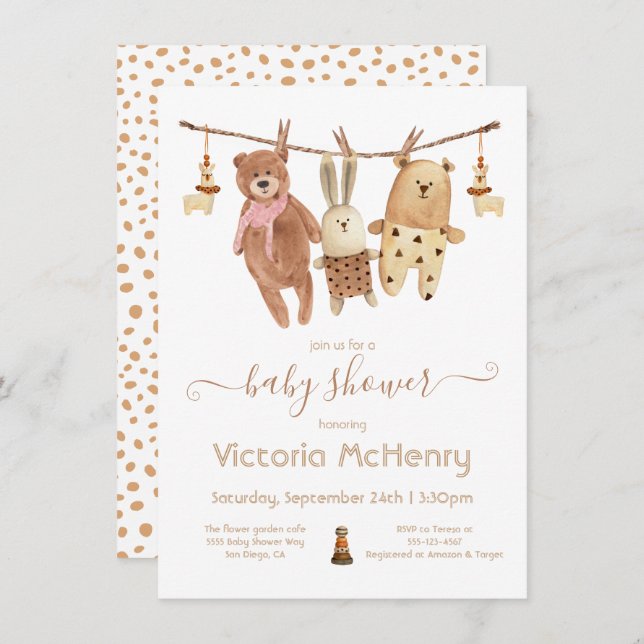 Stuffed Animals Boho Clothesline Baby Shower Invitation (Front/Back)