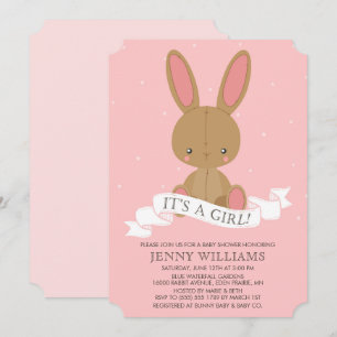 Stuffed Brown Bunny Rabbit Girl Baby Shower Invite