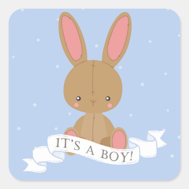 Stuffed Brown Bunny Rabbit It's a Boy! Baby Shower Square Sticker (Front)
