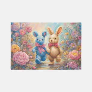Stuffed Bunnies In a Pastel Garden Rug