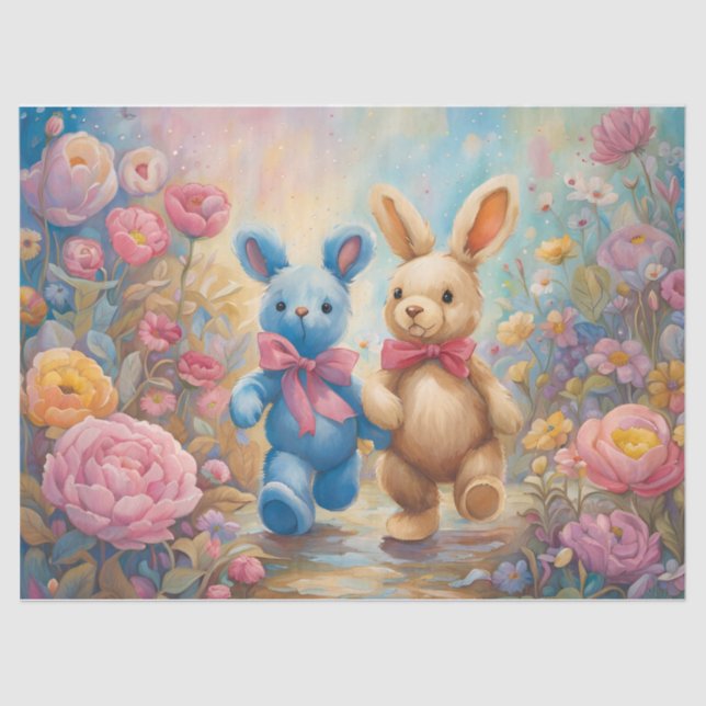 Stuffed Bunnies In a Pastel Garden Tissue Paper (Front)