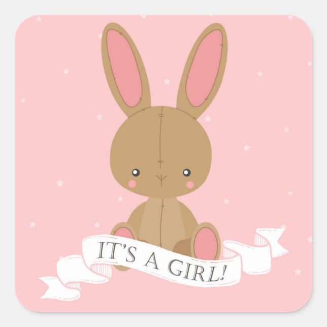 Stuffed Bunny Rabbit It's A Girl! Pink Baby Shower Square Sticker (Front)