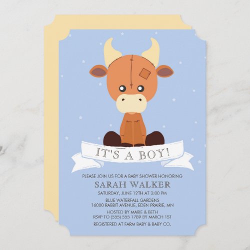 Stuffed Cow Blue Yellow Its a Boy Baby Shower Invitation