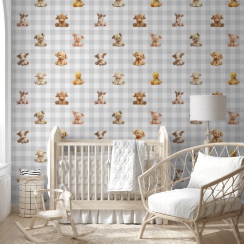 Stuffed Farm Animal Toys Gray Plaid Baby Nursery  Wallpaper