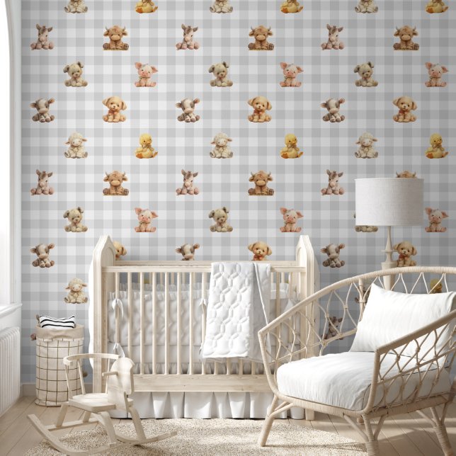 Stuffed Farm Animal Toys Gray Plaid Baby Nursery  Wallpaper (Kids)
