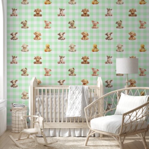 Stuffed Farm Animal Toys Green Plaid Baby Nursery  Wallpaper