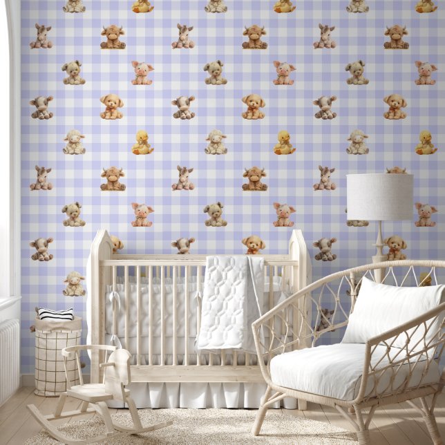 Stuffed Farm Animal Toys Plaid Baby Girl Nursery  Wallpaper (Kids)