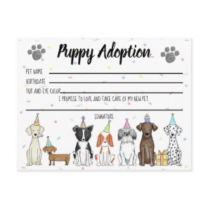 Stuffed Toy Puppy Adoption Card for Party Favor