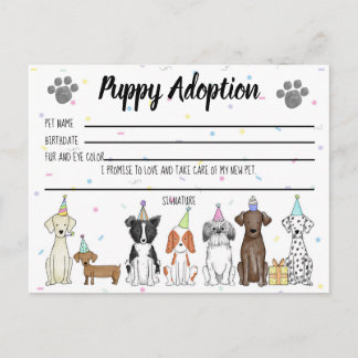 Stuffed Toy Puppy Adoption Card for Party Favor