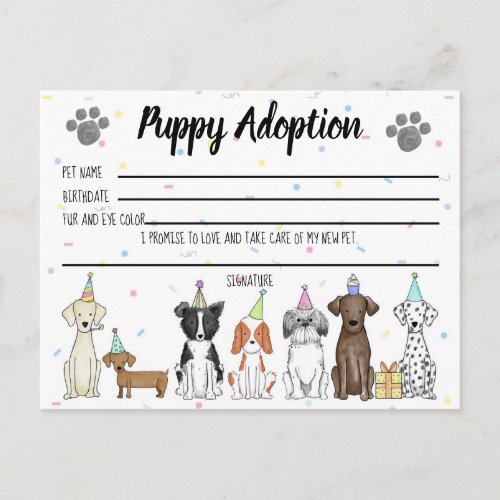 Stuffed Toy Puppy Adoption Card for Party Favor