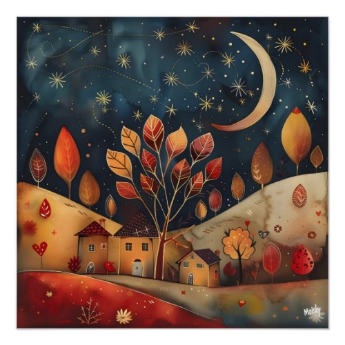 Stunned Night The Folk and Naive Colorful Landsca Poster