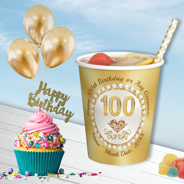 Stunning 100th, Birthday Paper Cups, Personalized Cups (100th birthday supplies, Birthday Paper Cups for 100 year birthday party for mom, grandma. 100 year.)