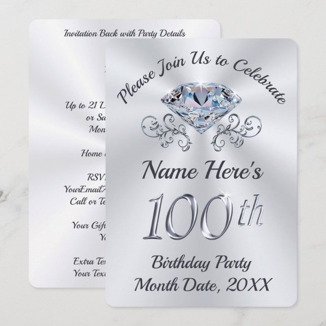 Stunning, 100th Birthday Party Invitations (Front/Back)