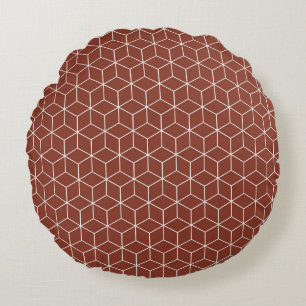 Stunning 3D Effects: White Cubes on Brick-Red  Round Pillow