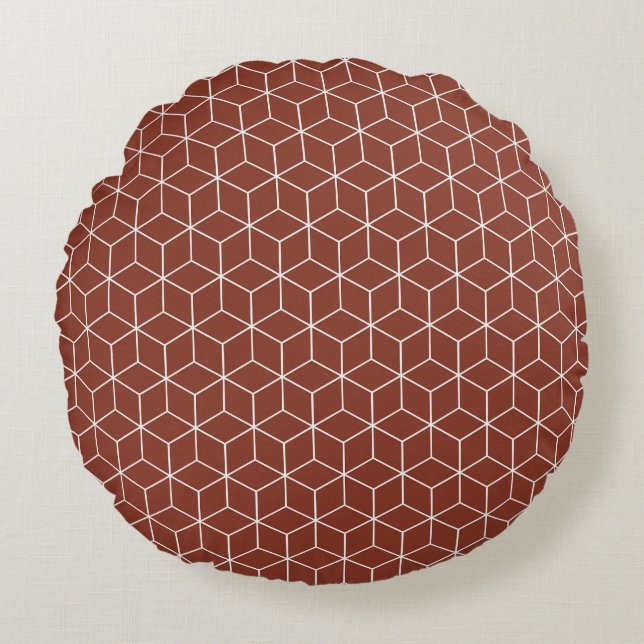 Stunning 3D Effects: White Cubes on Brick-Red  Round Pillow (Front)