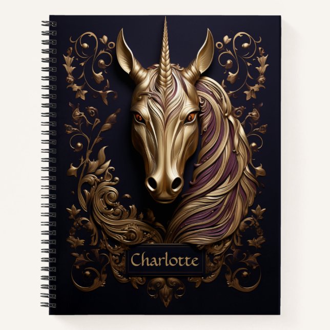 Stunning 3D Golden Unicorn Personalized Notebook (Front)