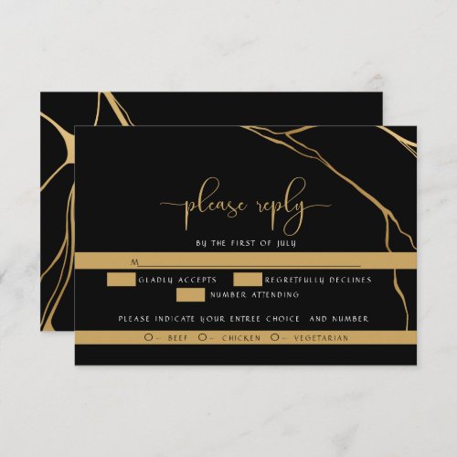 Stunning Abstract Black and Gold Kintsugi RSVP Card