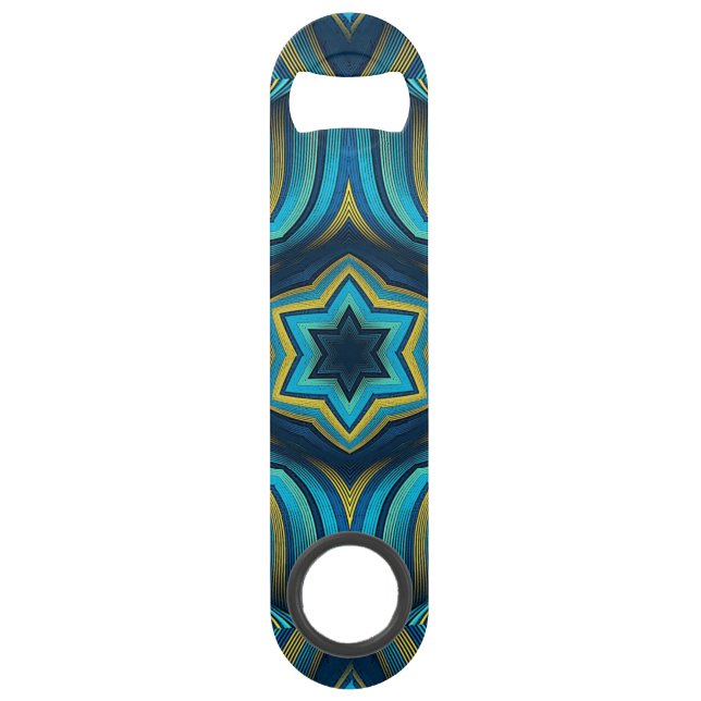 Stunning Abstract Blue and Yellow Mandala Art Bar Key (Front)