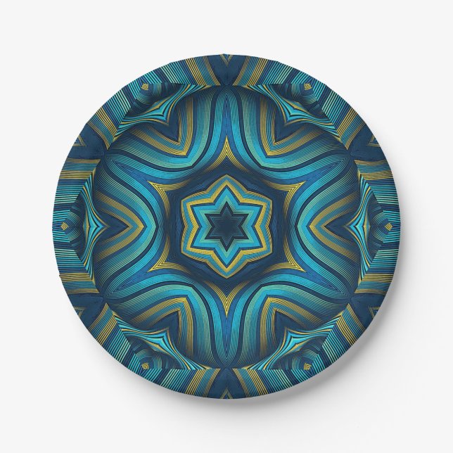 Stunning Abstract Blue and Yellow Mandala Art Paper Plates (Front)
