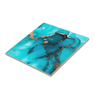 Stunning Abstract Ocean Green Gold Alcohol Ink Ceramic Tile