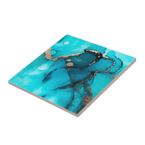 Stunning Abstract Ocean Green Gold Alcohol Ink Ceramic Tile