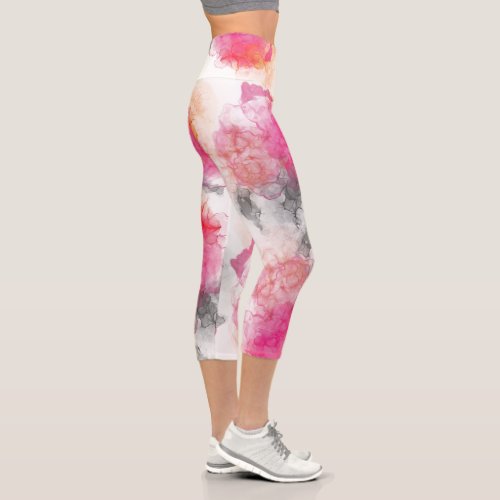 Stunning Abstract Pink Coral Charcoal Alcohol Ink Capri Leggings