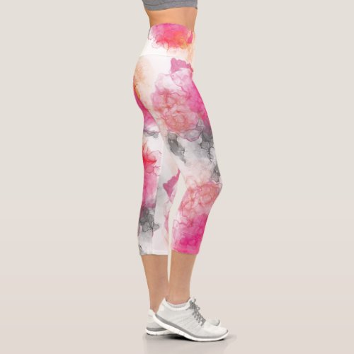 Stunning Abstract Pink Coral Charcoal Alcohol Ink  Capri Leggings