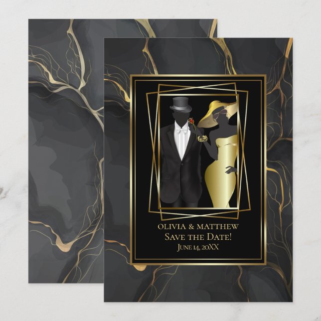 Stunning Add Photo Elegant Black and Gold Marble Invitation (Front/Back)