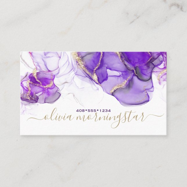 Stunning Amethyst Gold Accent Alcohol Ink Business Card (Front)