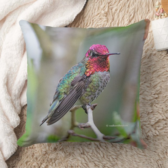 Stunning Anna's Hummingbird in Plum Tree Throw Pillow (Blanket)
