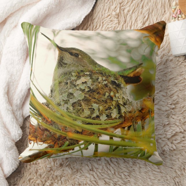Stunning Anna's Hummingbird Mom on Nest Throw Pillow (Blanket)