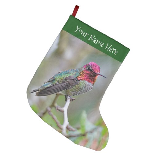 Stunning Annas Hummingbird on Plum Tree Branch Large Christmas Stocking