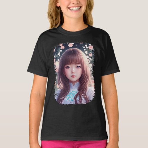 Stunning Asian Baby Girl with Pink Flowers   T_Shirt