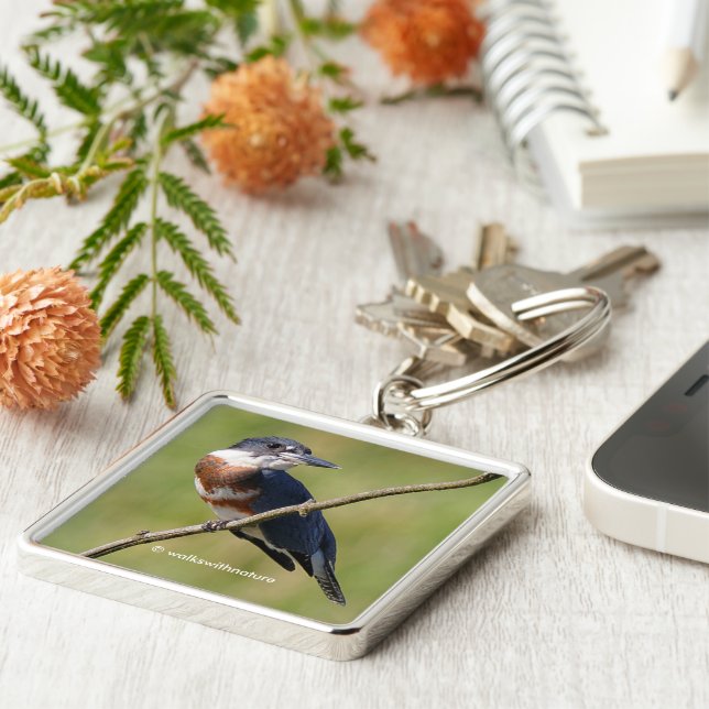 Stunning Belted Kingfisher Bird on a Limb Keychain (Side)