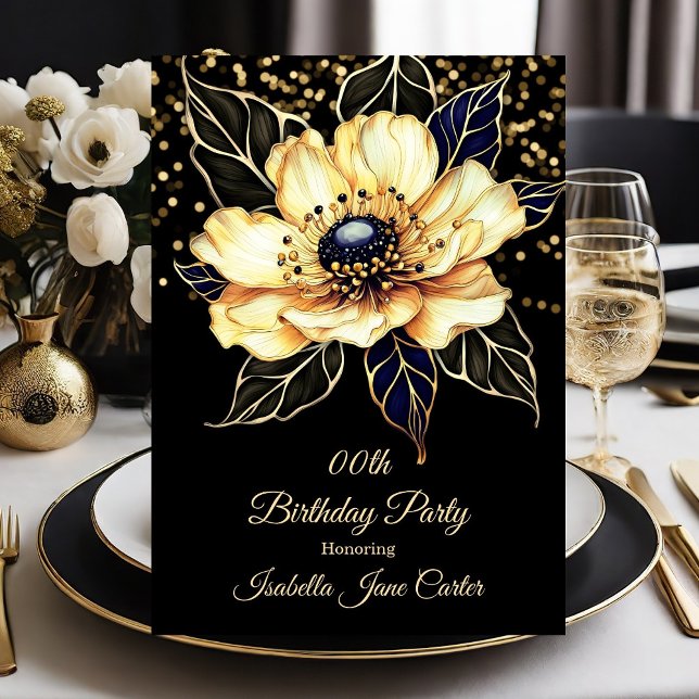Stunning Birthday Party Floral beige gold black Invitation (Creator Uploaded)