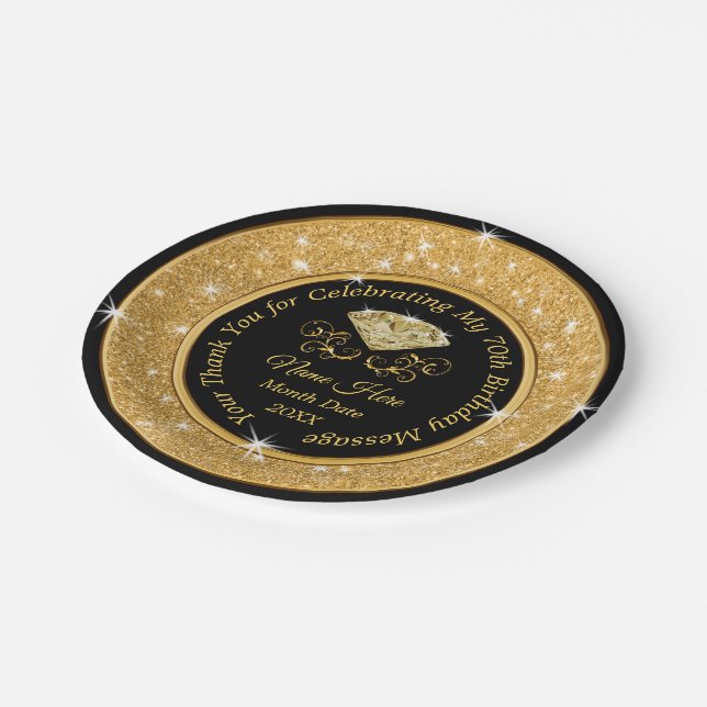 Stunning Black and Gold 70th Birthday Party Plates (Angled)