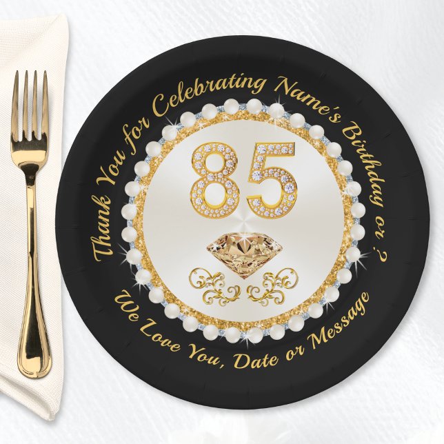 Stunning Black and Gold Custom, 85 Birthday Plates (85th birthday plates. 85th birthday party decoration ideas. Dress up your birthday table for mom. )
