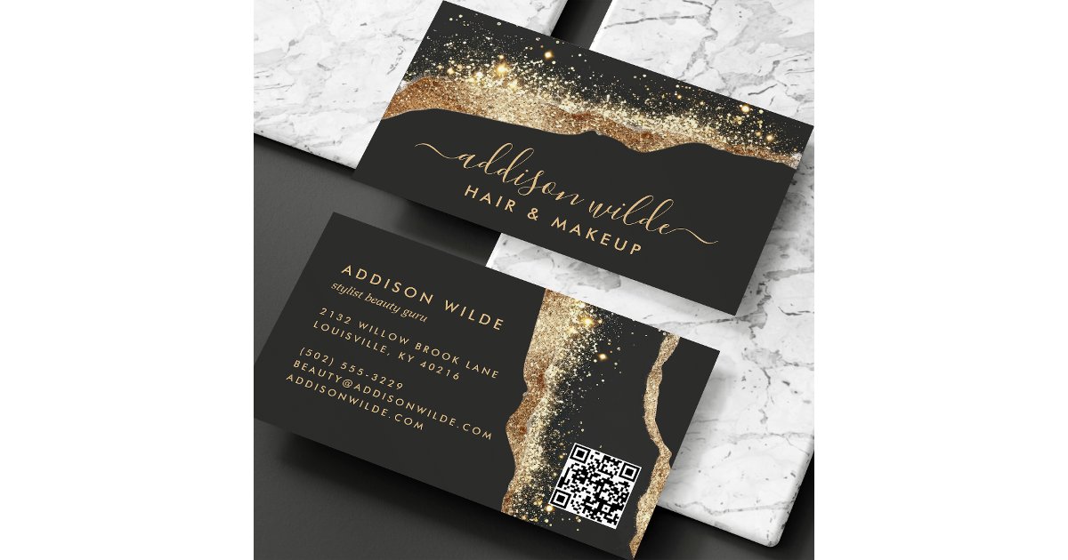 Stunning Black And Gold Glitter Script QR Code Business Card | Zazzle