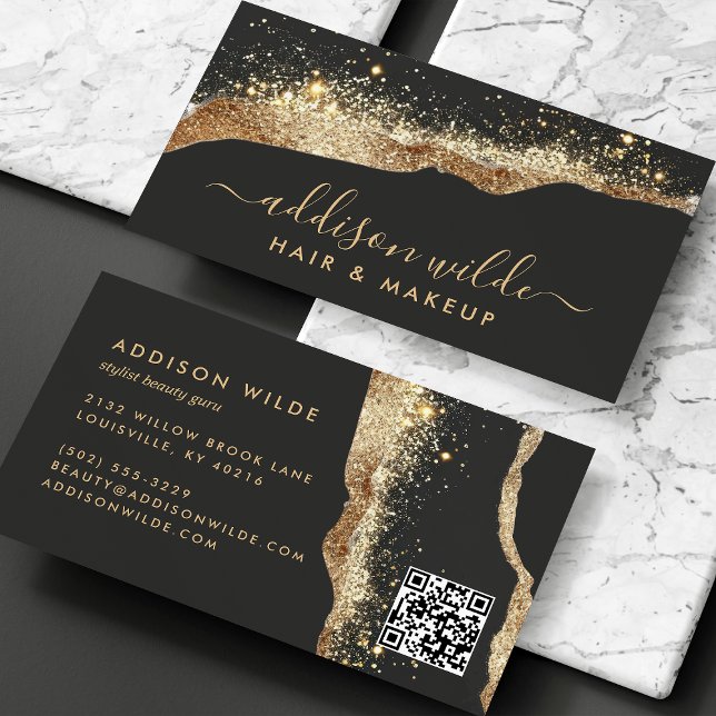 Stunning Black And Gold Glitter Script QR Code Business Card (Creator Uploaded)