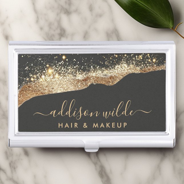 Stunning Black And Gold Glitter Trendy Script Business Card Case (Creator Uploaded)