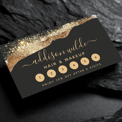 Stunning Black And Gold Glitter Trendy Script Loyalty Card