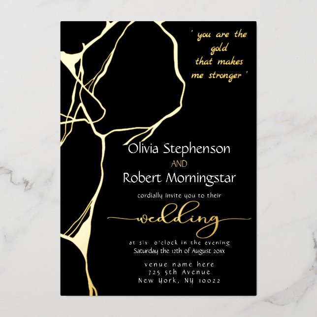 Stunning Black and Gold Kintsugi Foil Invitation (Front)